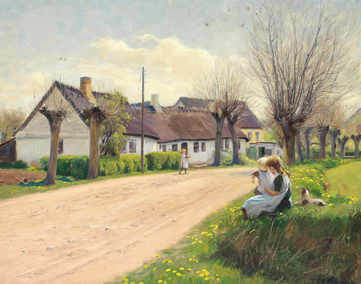 Forår i landsbyen med piger i vejkanten 1917
