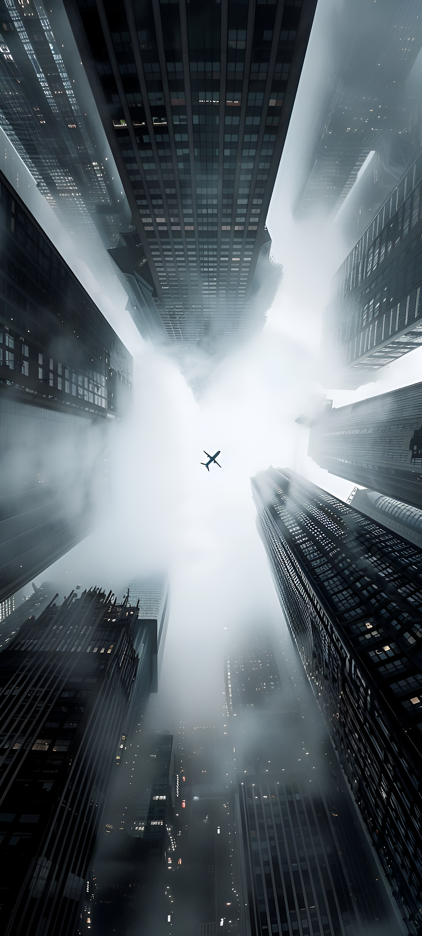 Airplane Flying Through Mist Between Towering Skyscrapers - Free 4K mobile Wallpaper