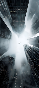 Airplane Flying Through Mist Between Towering Skyscrapers