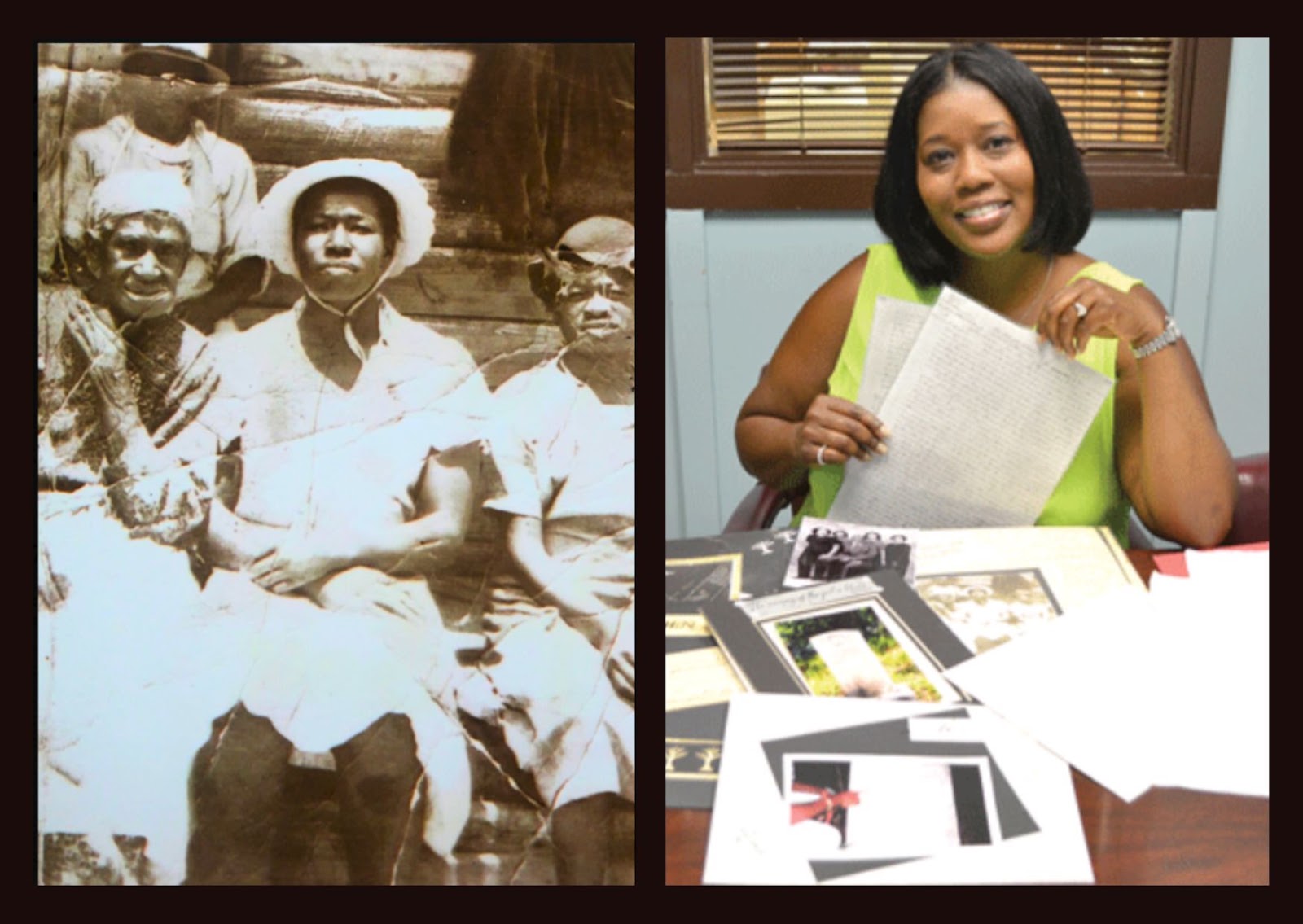 At left, an undated photograph of Grace Dorsey and Elizabeth Dorsey, wife of Grace's seventh son Peterson Dorsey. At right, Tanya R. Jones, Grace's fourth-great-granddaughter, with the family's letters and archive.