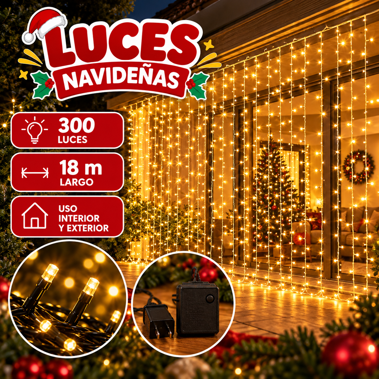Serie de 300 luces navideñas 18 m con transformador