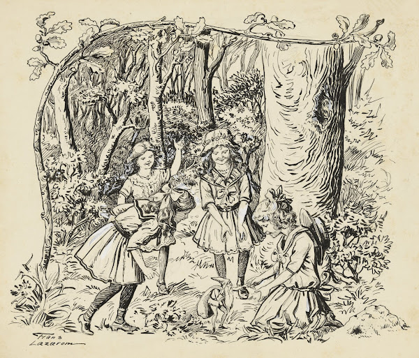 Vier meisjes en een kabouter in een bos