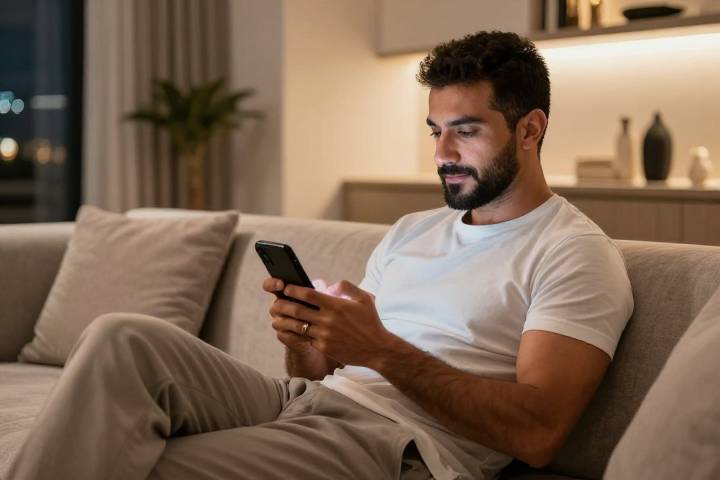 شاب عربي يجلس في صالة معيشة حديثة مستخدماً هاتفه الذكي