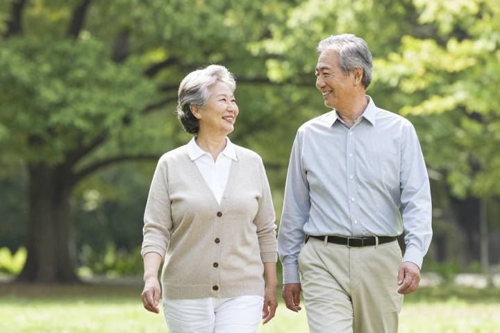 日当たりの良い公園で元気に歩く日本の高齢夫婦