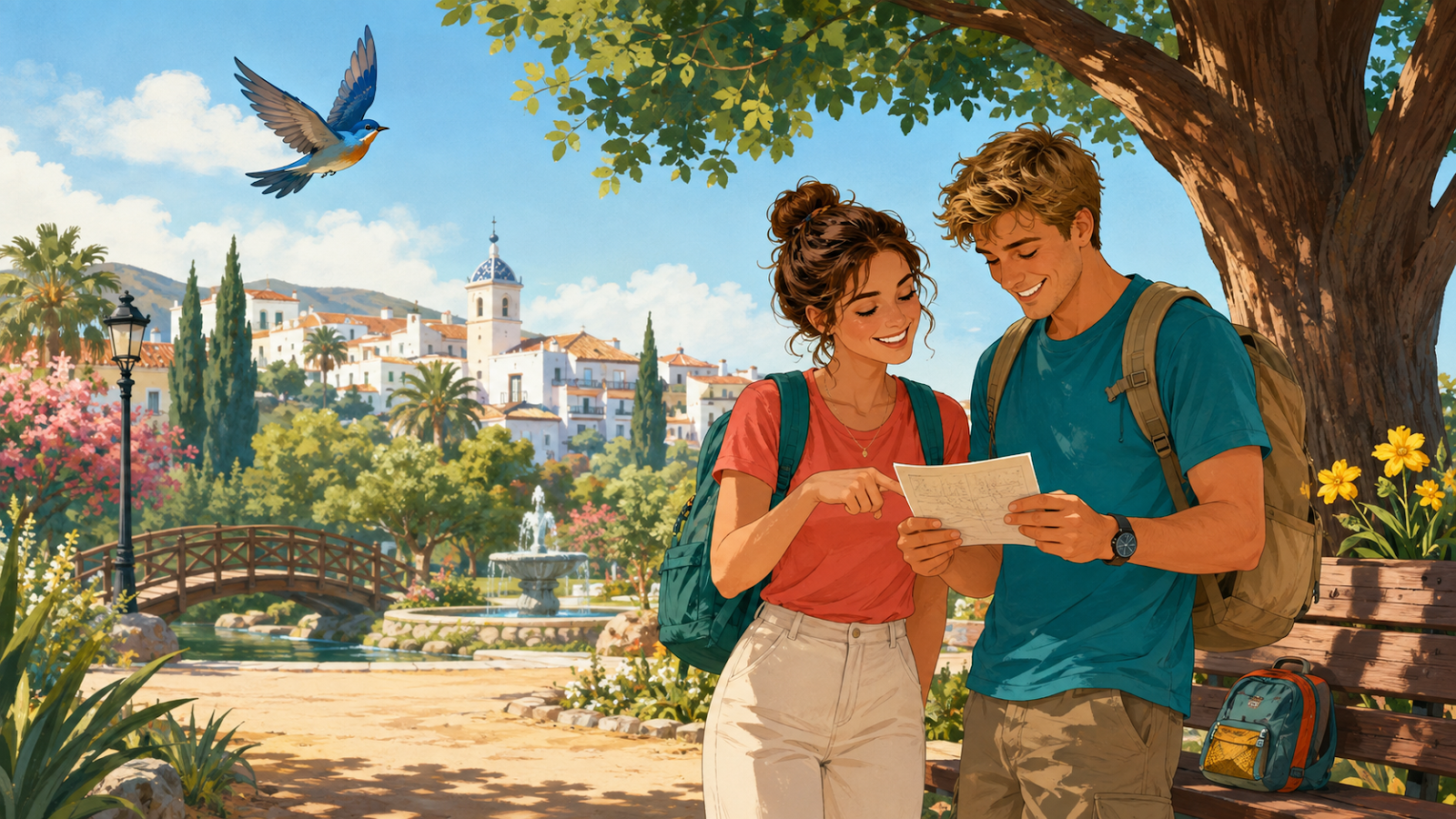 Emma y Liam siguen cinco pistas en un parque mediterráneo para encontrar una mochila perdida