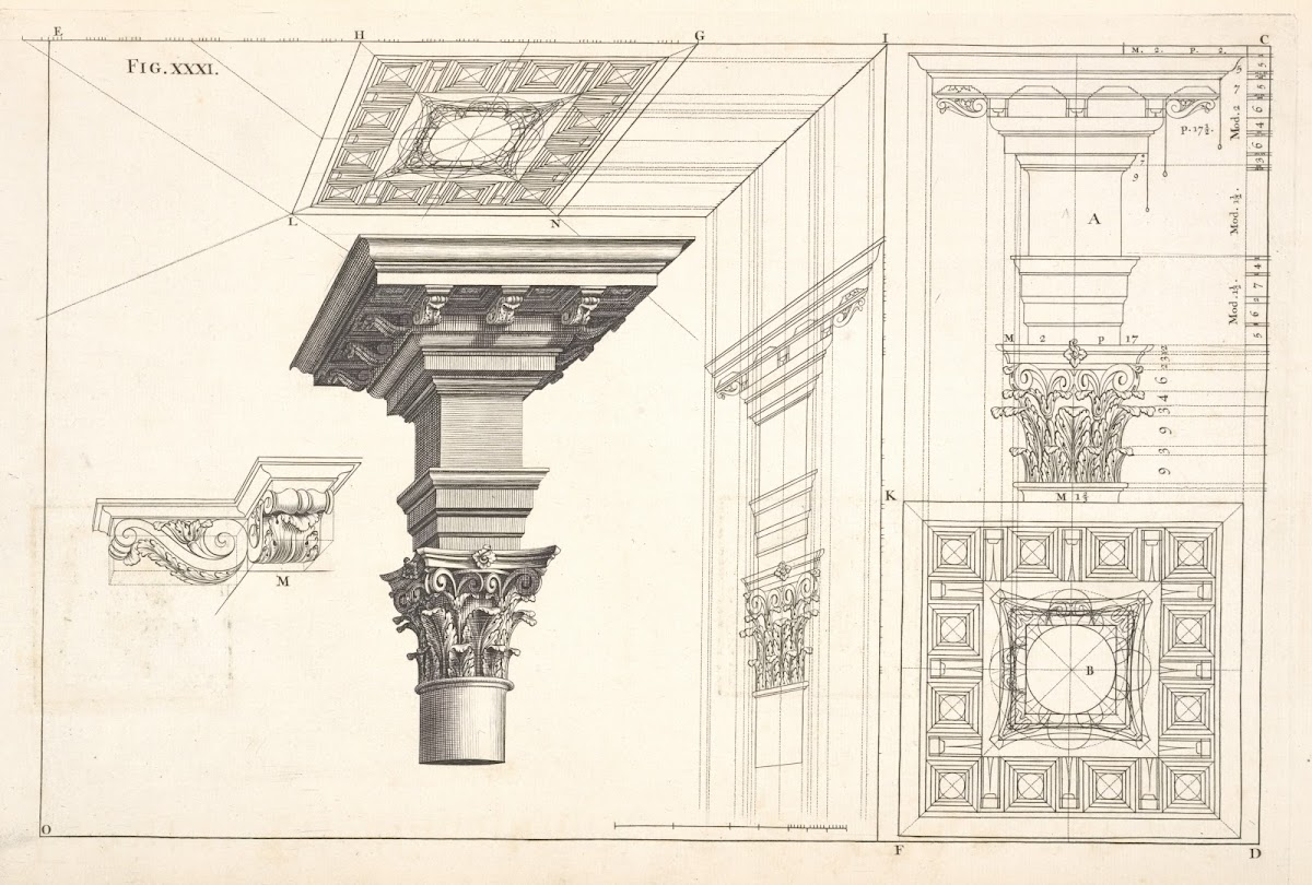 The optick projection of a Corinthian cornice with the capital and part of the c