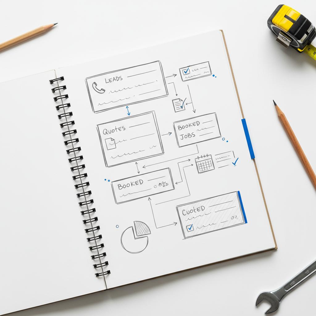 Close-up overhead notebook sketches of a contractor workflow with scribbled stage boxes, tools at the edges, and subtle #1a5bfb accents &mdash; can you advertise on Angi