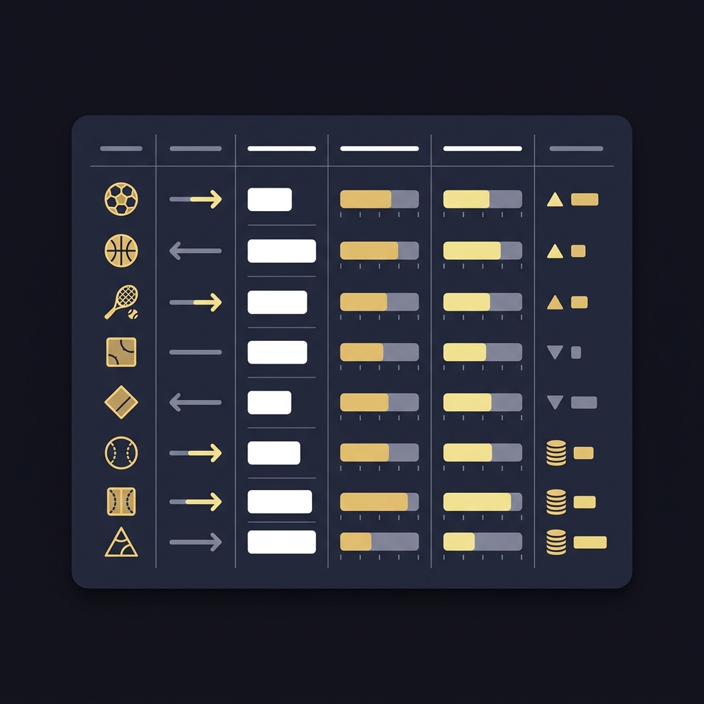 Minimalist 2D vector screenshot style betting ledger card with icon based columns for event line odds de vigged probability modeled probability EV and stake representing Expected Value in Totals Markets