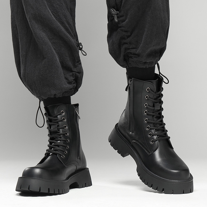 Men's Platform Boots, Lace-up Boots, Zipper, Faux Leather