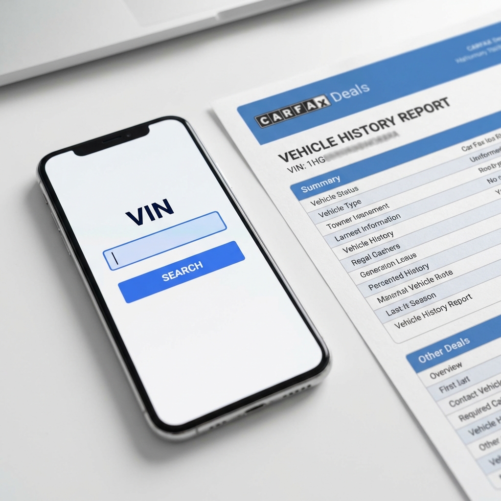 Close up of a vehicle history report and smartphone screen showing a VIN entry field for automotive dealers near me