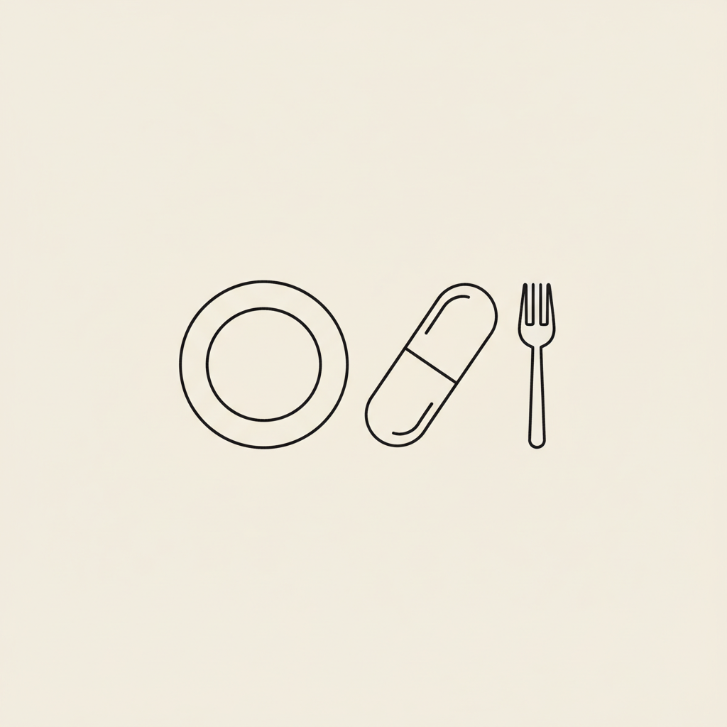 Minimal Tonum-style line illustration of a capsule next to a plate and fork on a beige background, symbolizing HRT and weight loss.