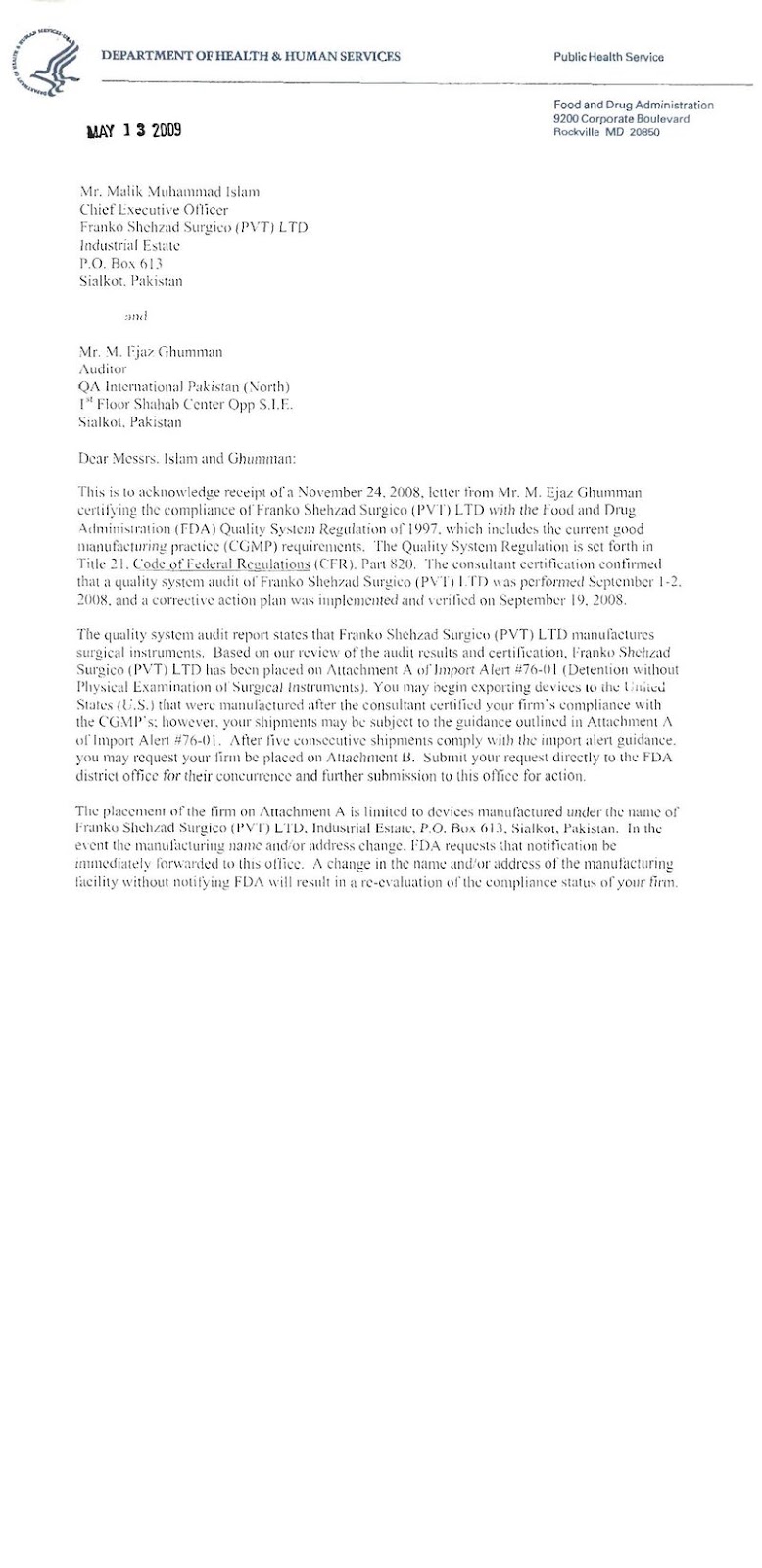 FDA cGMP Compliance Approval Letter