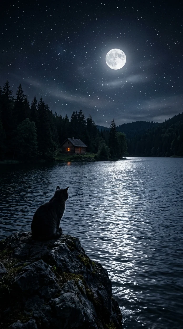 Tranquil Night Scene with Cat Silhouette by a Lakeside Cabin - Free 4K mobile Wallpaper
