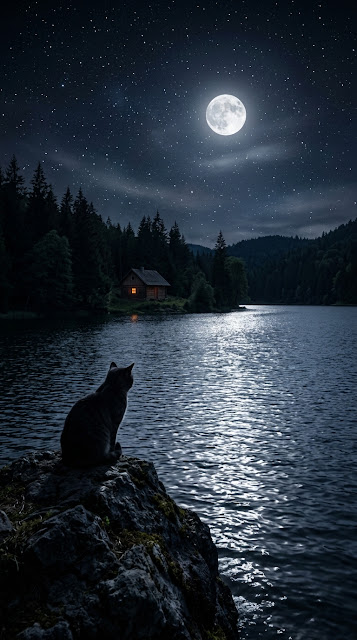 Tranquil Night Scene with Cat Silhouette by a Lakeside Cabin - Free mobile Wallpaper