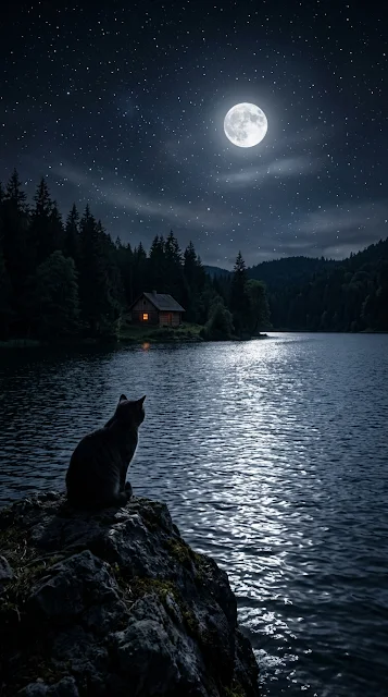 Tranquil Night Scene with Cat Silhouette by a Lakeside Cabin