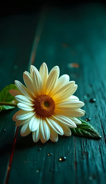 White Daisy on Dark Wood with Water Droplets