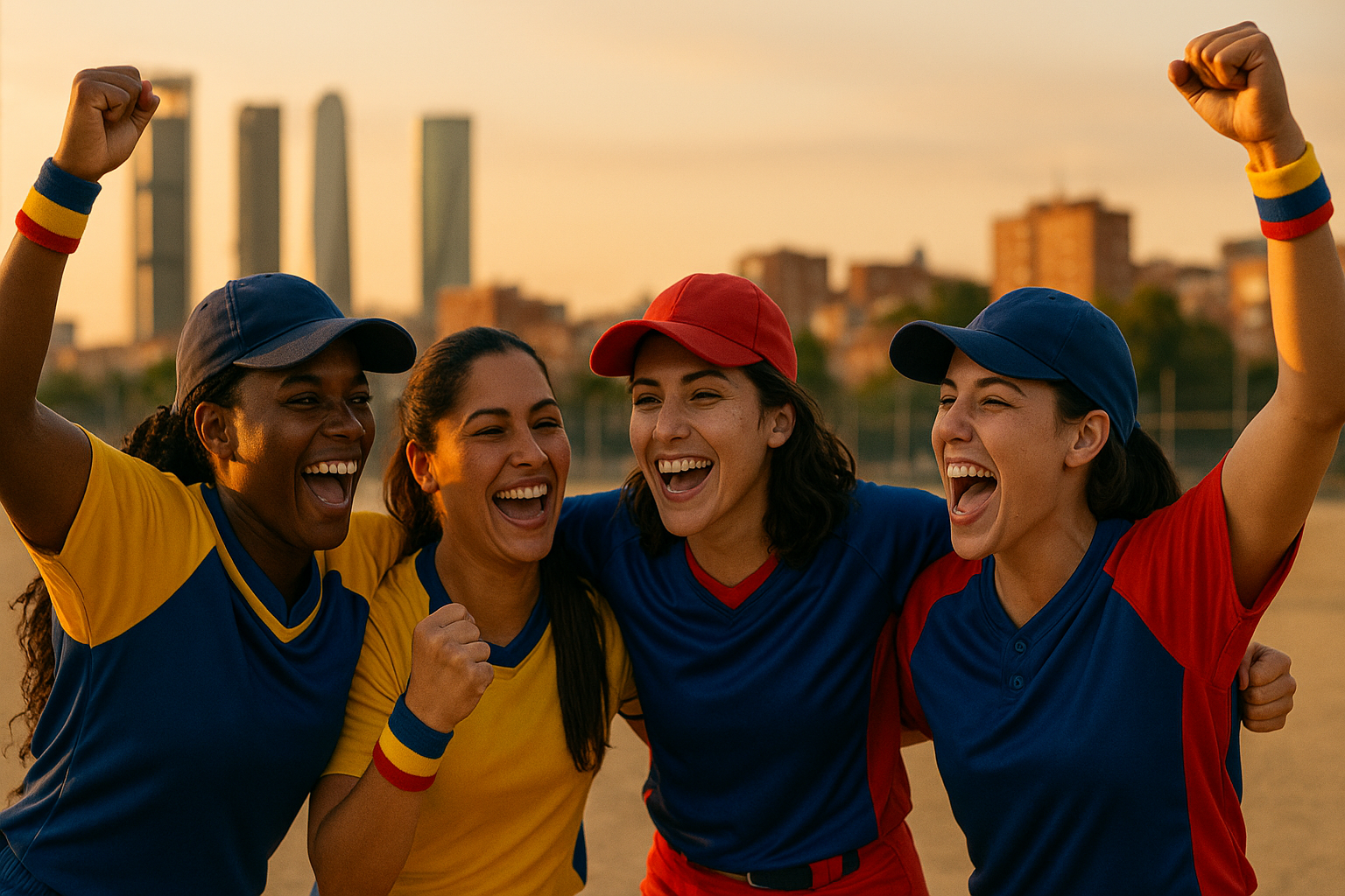 Jugadoras venezolanas de kickingball celebran en una cancha urbana al atardecer