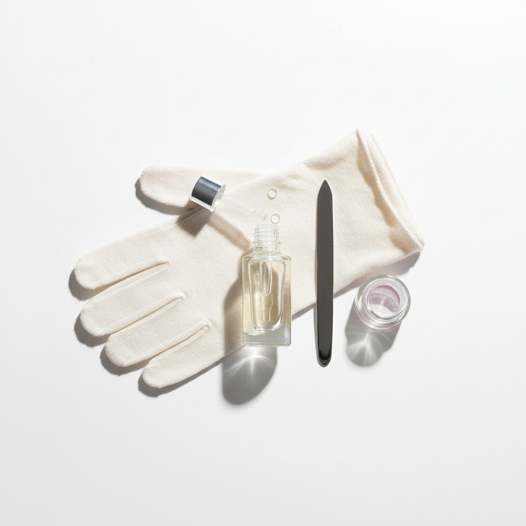Minimalistisches Flatlay mit geöffneter Nagelhautöl-Flasche, gefaltetem Baumwollhandschuh, Feile und kleinem Glas mit Pastellakzent — Motiv für brüchige Nägel.