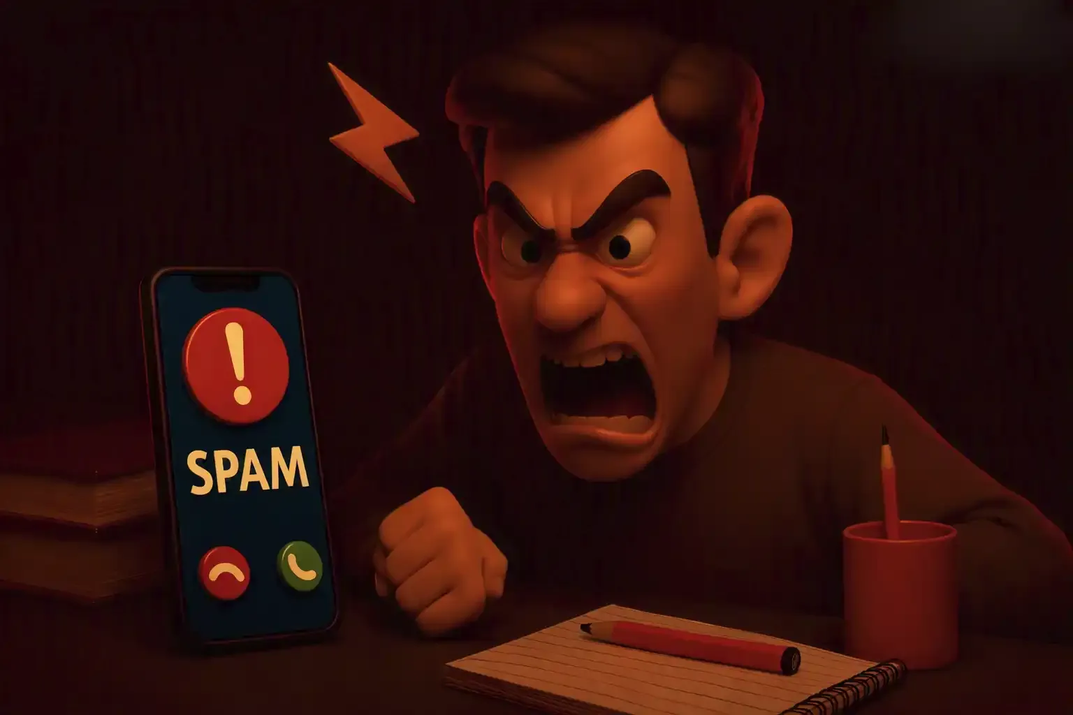 Ilustración de un hombre enojado y furioso por recibir una llamada de spam.