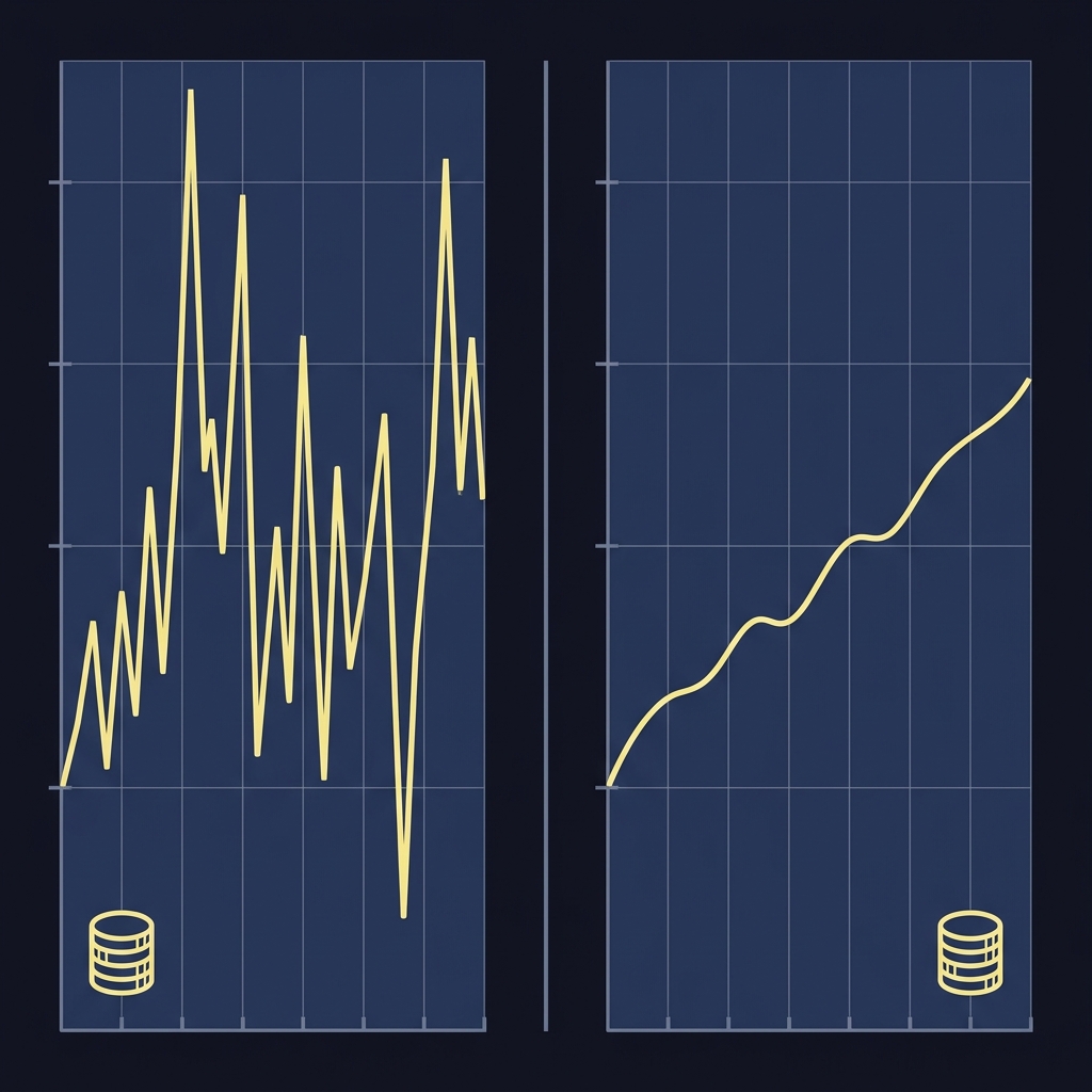 What Is Sports Trading Variance split screen vector showing left full Kelly volatile jagged bankroll path and right fractional Kelly smooth steady growth path in Funded Plays brand colors