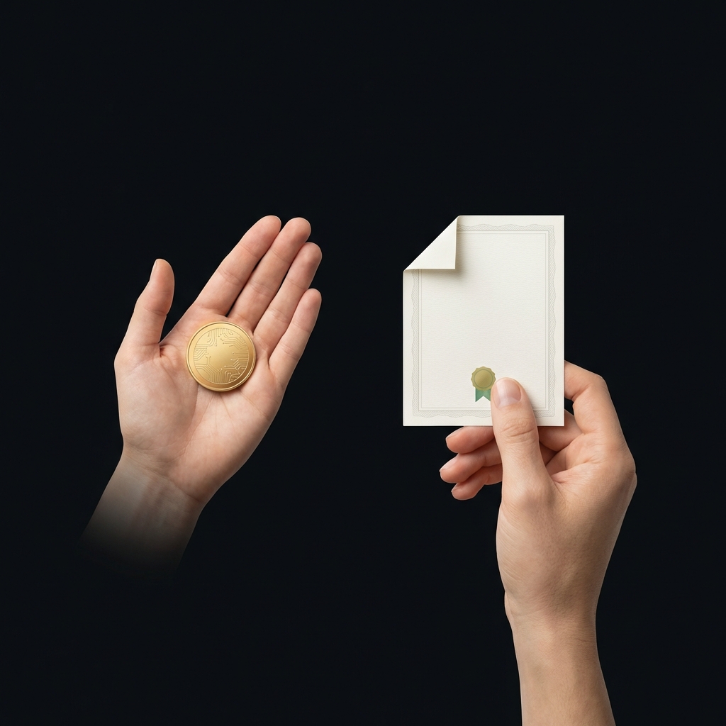 Minimalist full frame illustration of two hands holding a gold digital coin with circuit pattern and a paper share certificate on dark background representing crypto stocks comparison