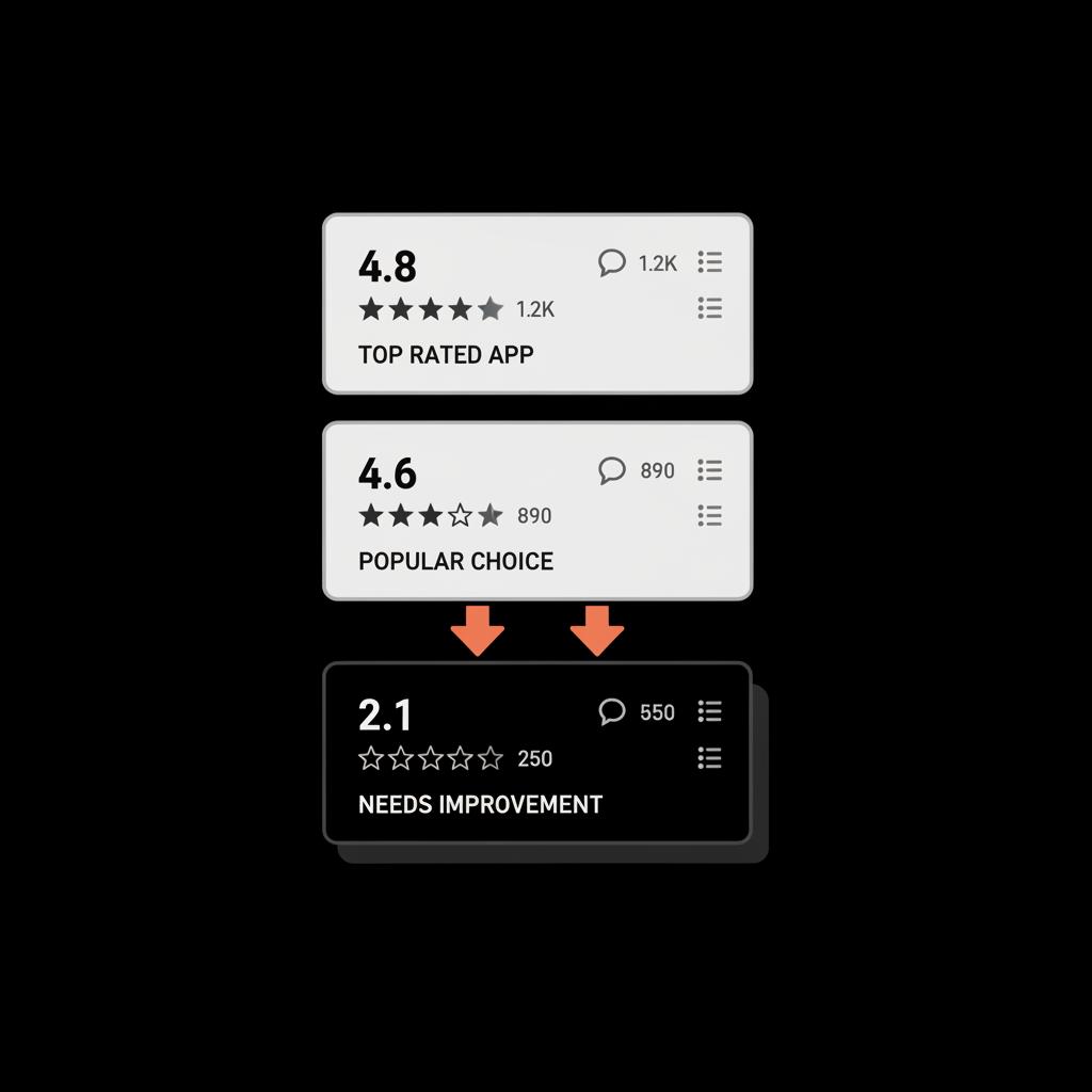 Minimal flat infographic of a negative review card being pushed down a search-results list by higher-rated review cards and arrows, illustrating How long do bad reviews stay on Yelp?