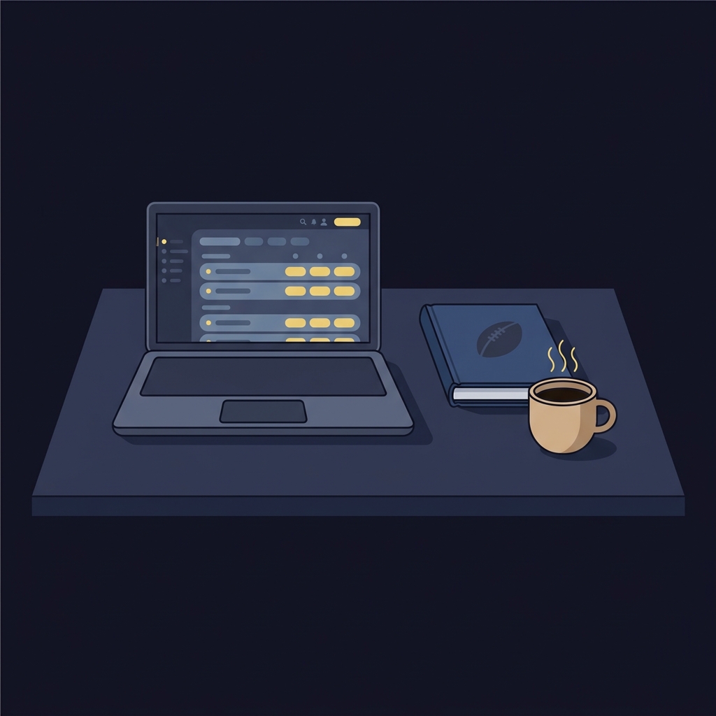 Minimal 2D vector study scene with laptop showing simplified odds bars a rugby laws book with rugby ball icon and a coffee cup on a dark desk in Funded Plays colors ideal for six nations betting article