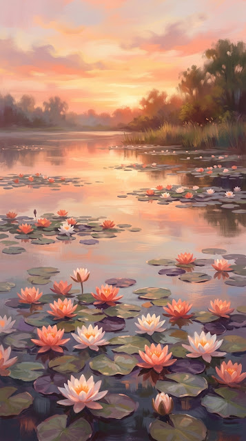 Impressionistic Sunset Lagoon with Blooming Water Lilies - Free mobile Wallpaper