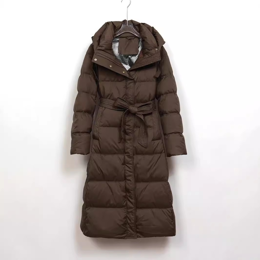 Long down coat with hood, fitted, knee-length