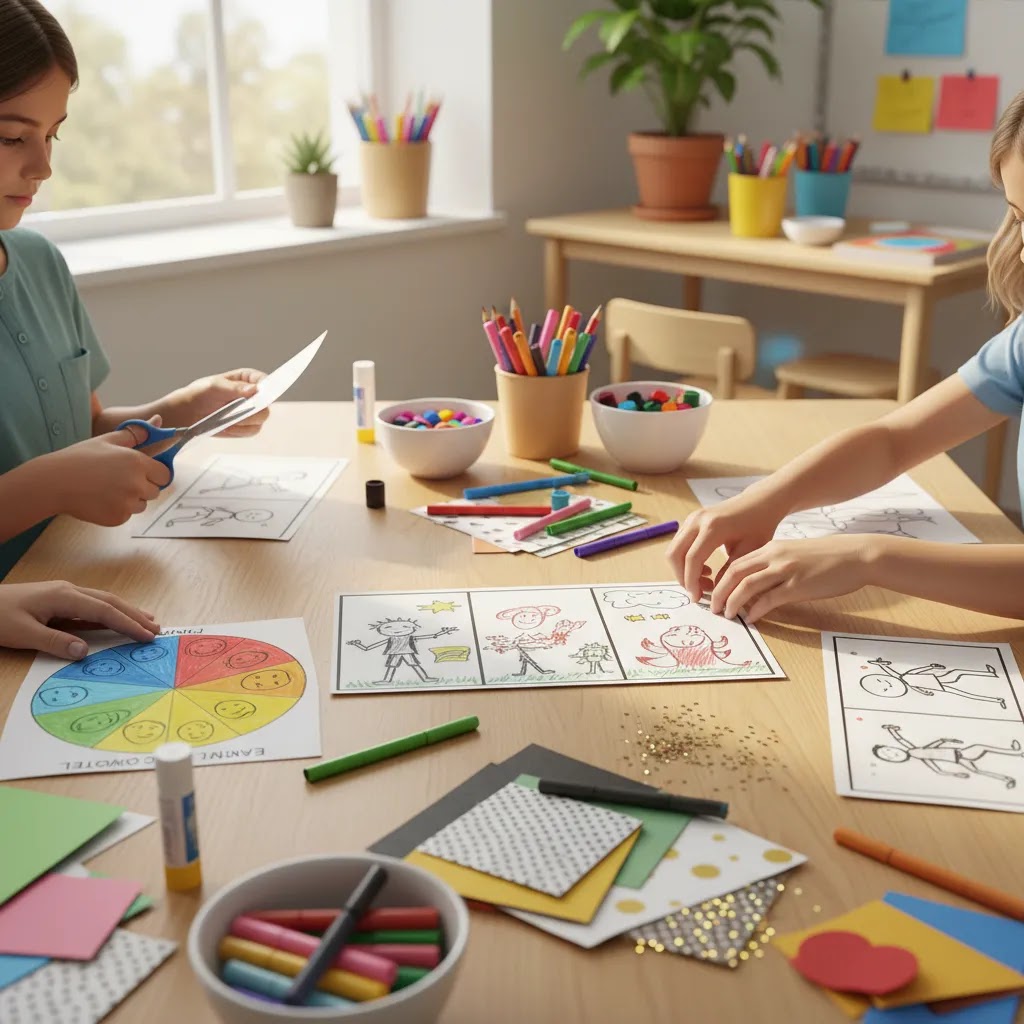 Art therapy for children techniques for ages 6 to 12 using drawings, comic panels, and collage activities
