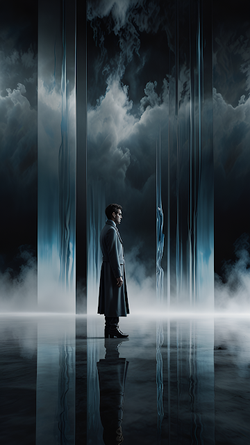 Futuristic Noir Man Reflective Surface Dark Cloud Pillars - Free mobile Wallpaper