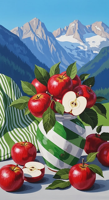 Modern Mountain Landscape with Fresh Apple Still Life - Free mobile Wallpaper
