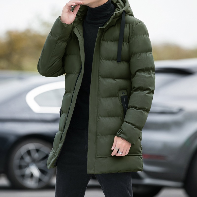 Men's winter coat, medium length, with hood and down filling