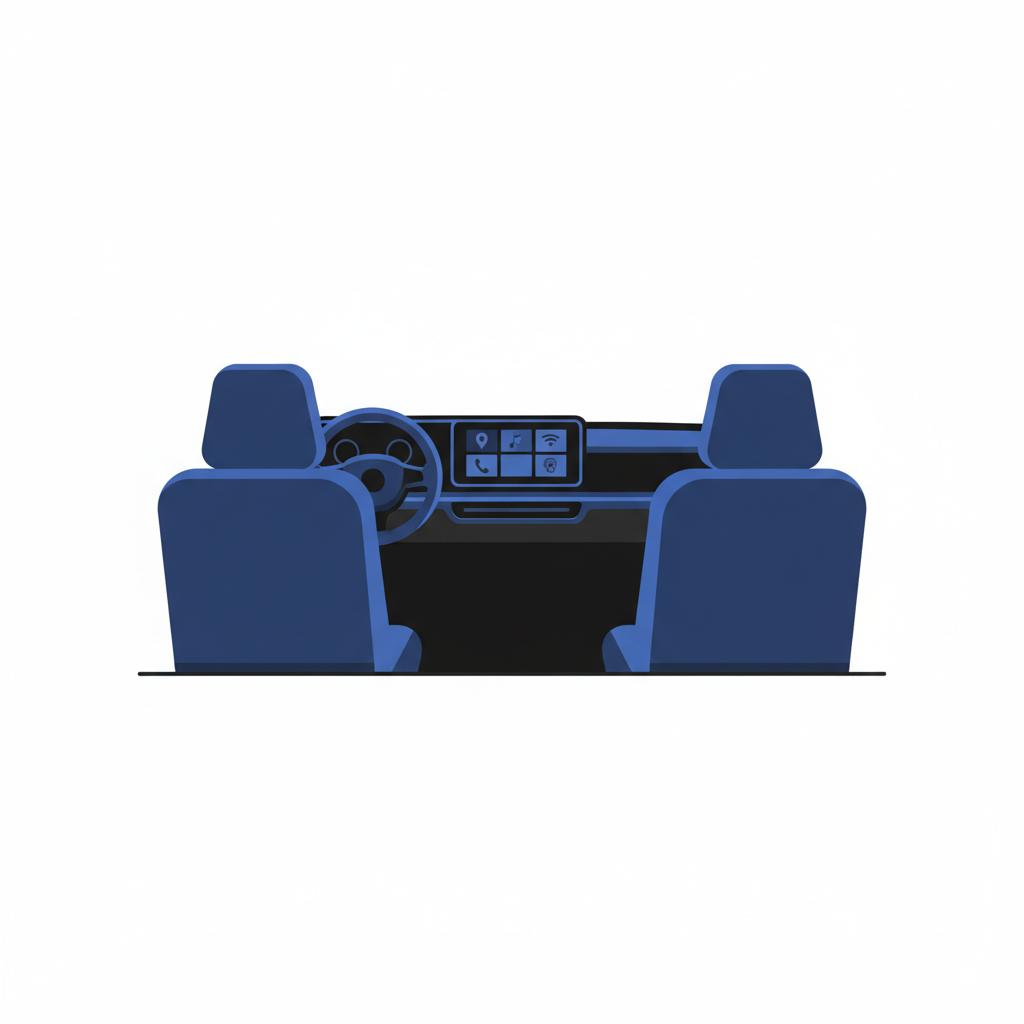 Minimalist 2D vector car interior showing front seats steering wheel and dashboard with central infotainment screen displaying modern feature icons camaro ss for sale
