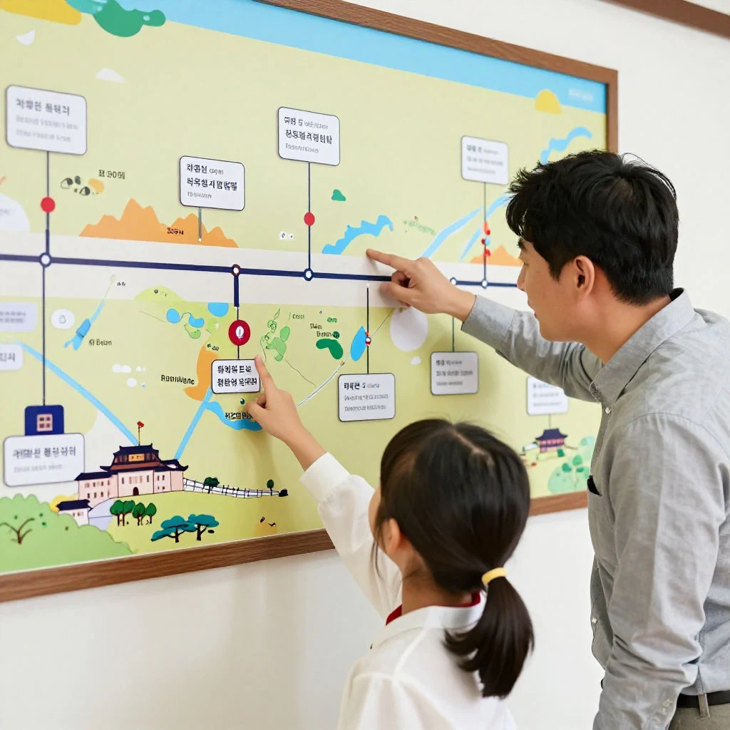 역사 연표를 보며 이야기를 나누는 부모와 아이