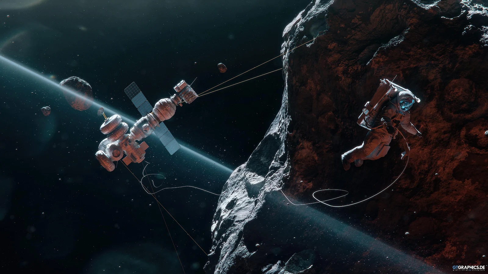 Astronaut Exploring Large Asteroid - Sci-Fi Illustration 4K Wallpaper (3840x2160)