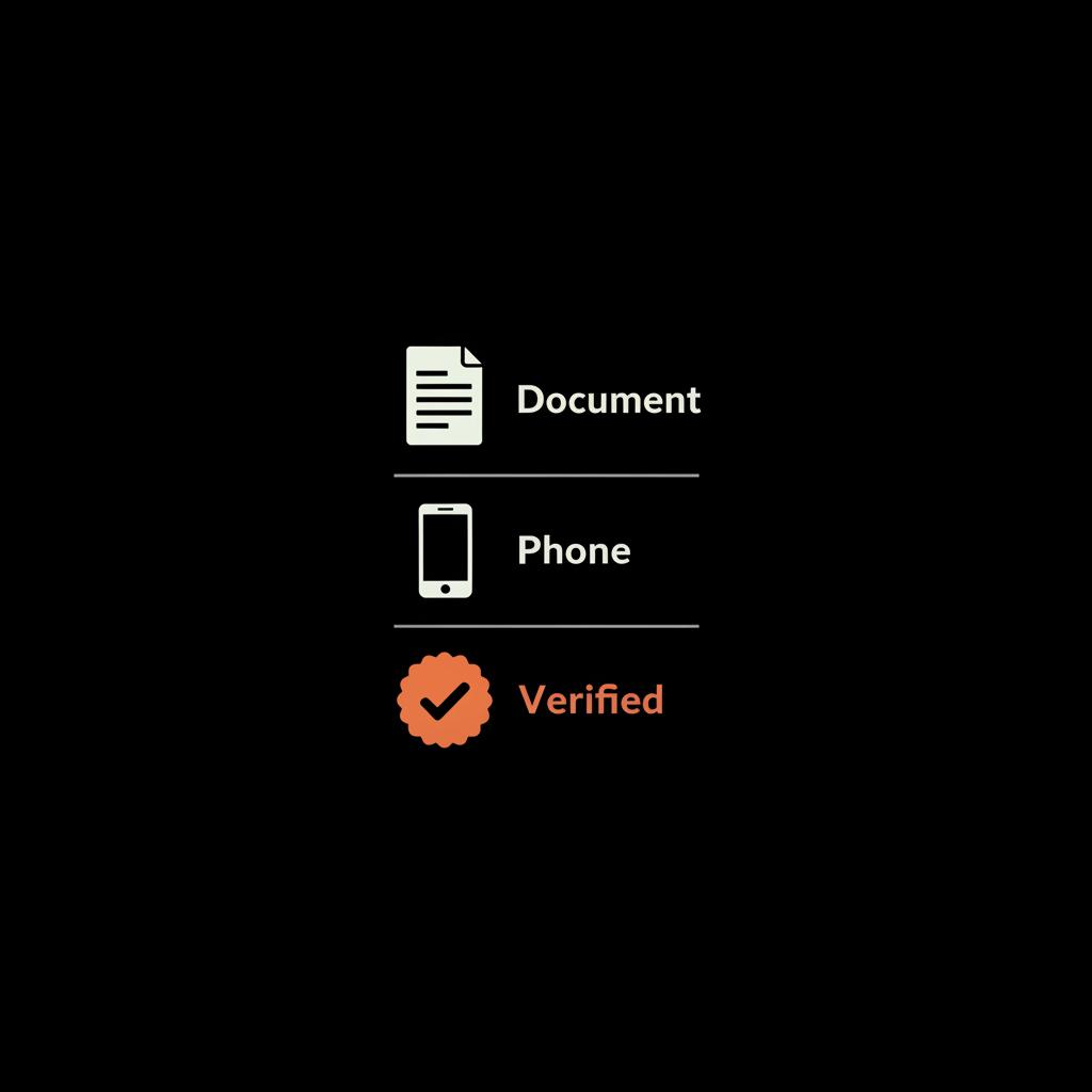 Full-frame minimalist checklist infographic with document, phone, and verified badge icons on black background for WhatsApp business verification