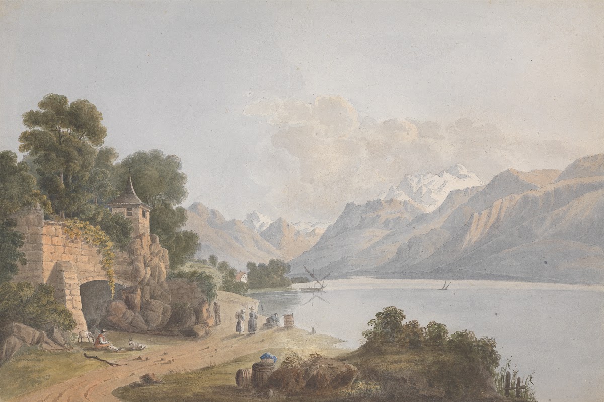 Mountainous Landscape with Lake Gate and Figures ca 1818