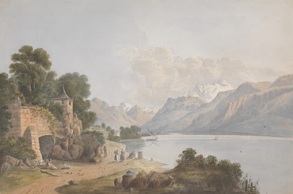 Mountainous Landscape with Lake Gate and Figures ca 1818