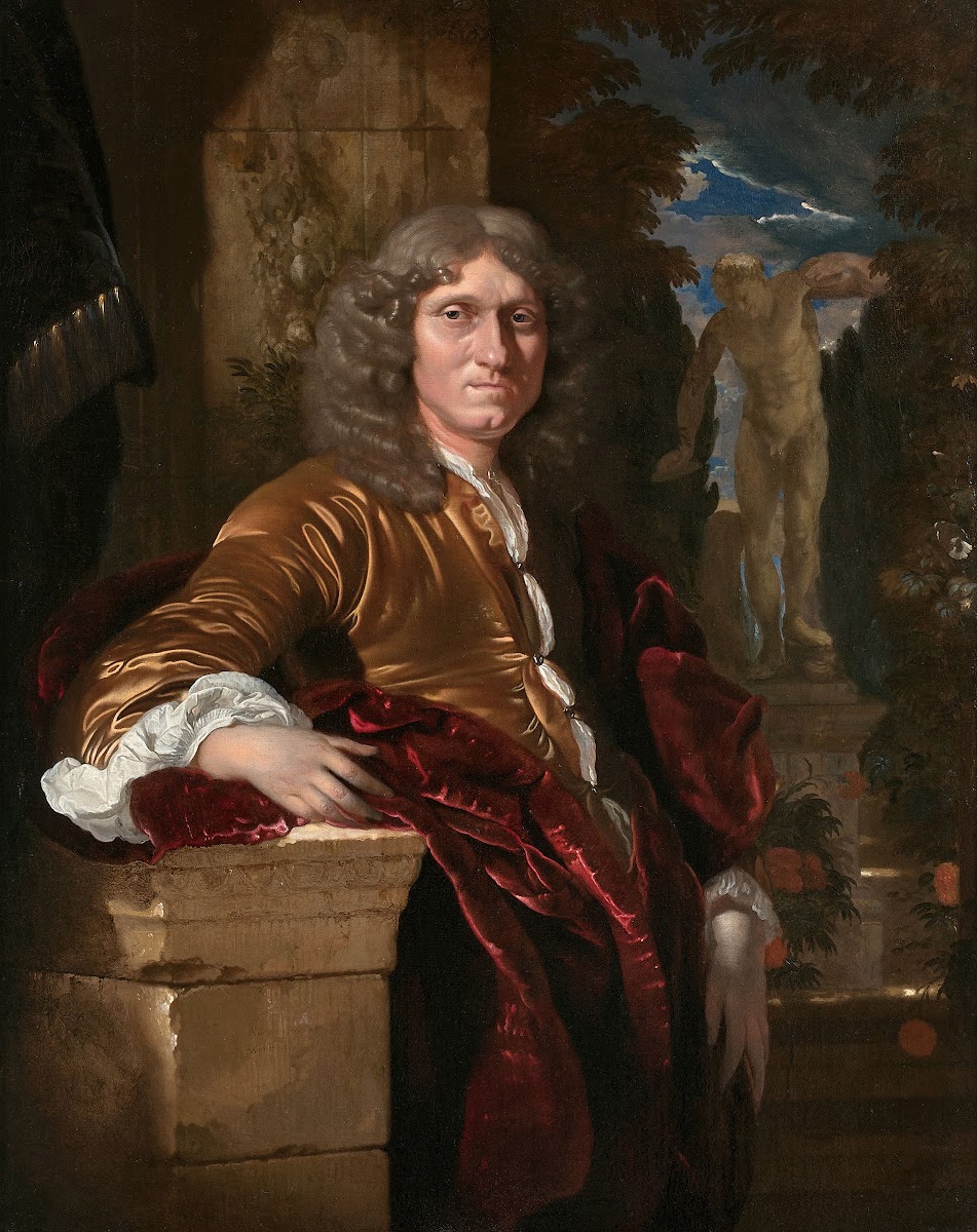 Portrait dun gentilhomme accoudé à un piédestal devant un parc