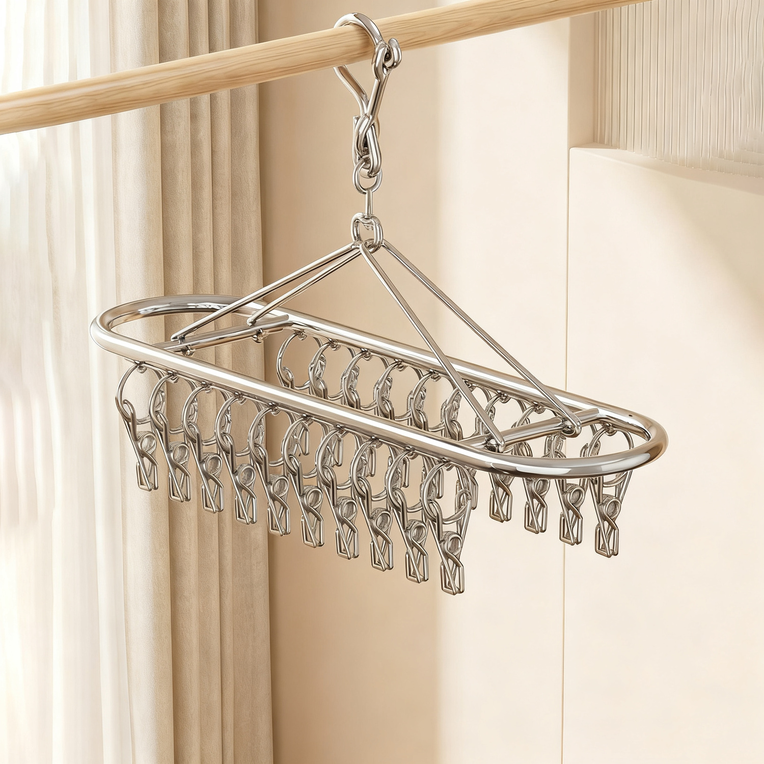 Stainless steel drying rack with 10, 20, or 30 clips