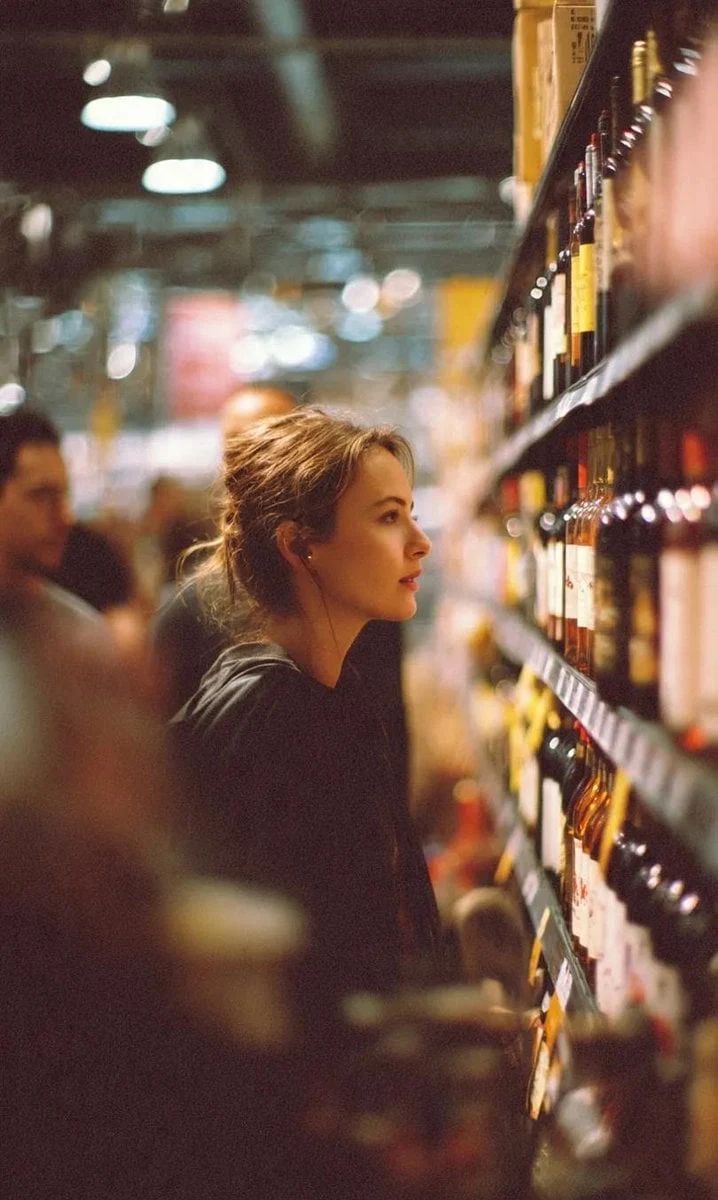 Un retrato cinematográfico de perfil de una joven de pie en el pasillo de un supermercado, mirando atentamente un...
