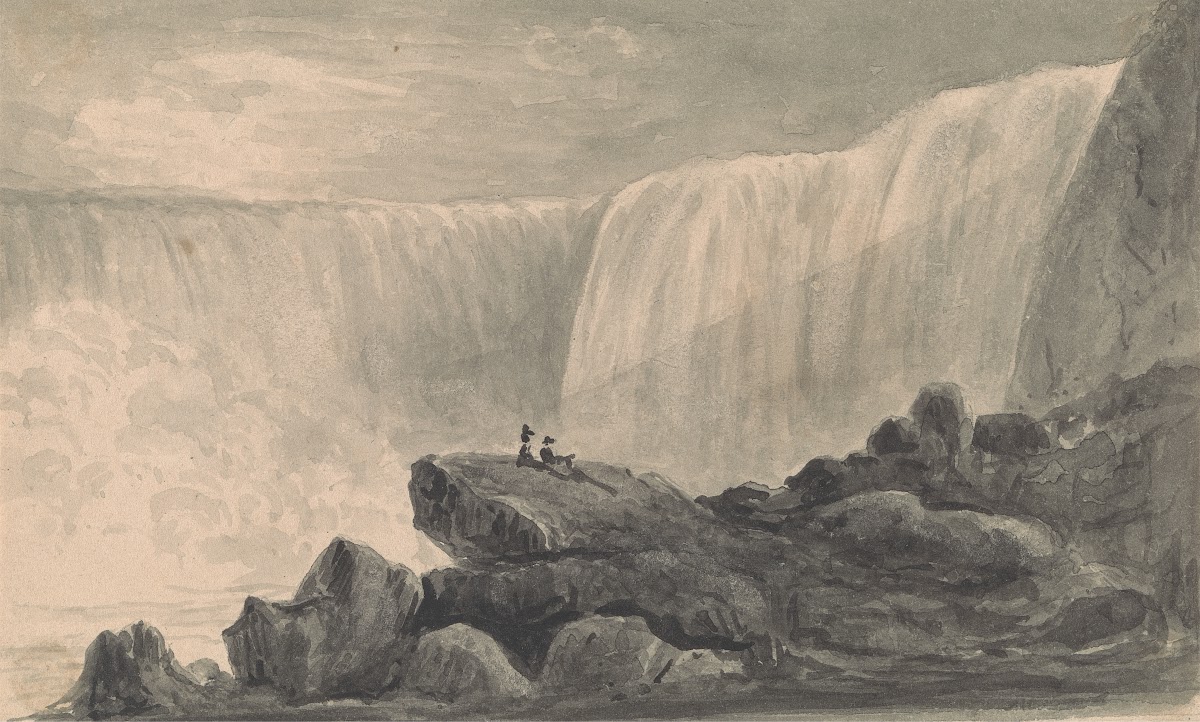 View of Niagara Falls with Two Figures Sitting on a Rock Center Foreground betwe