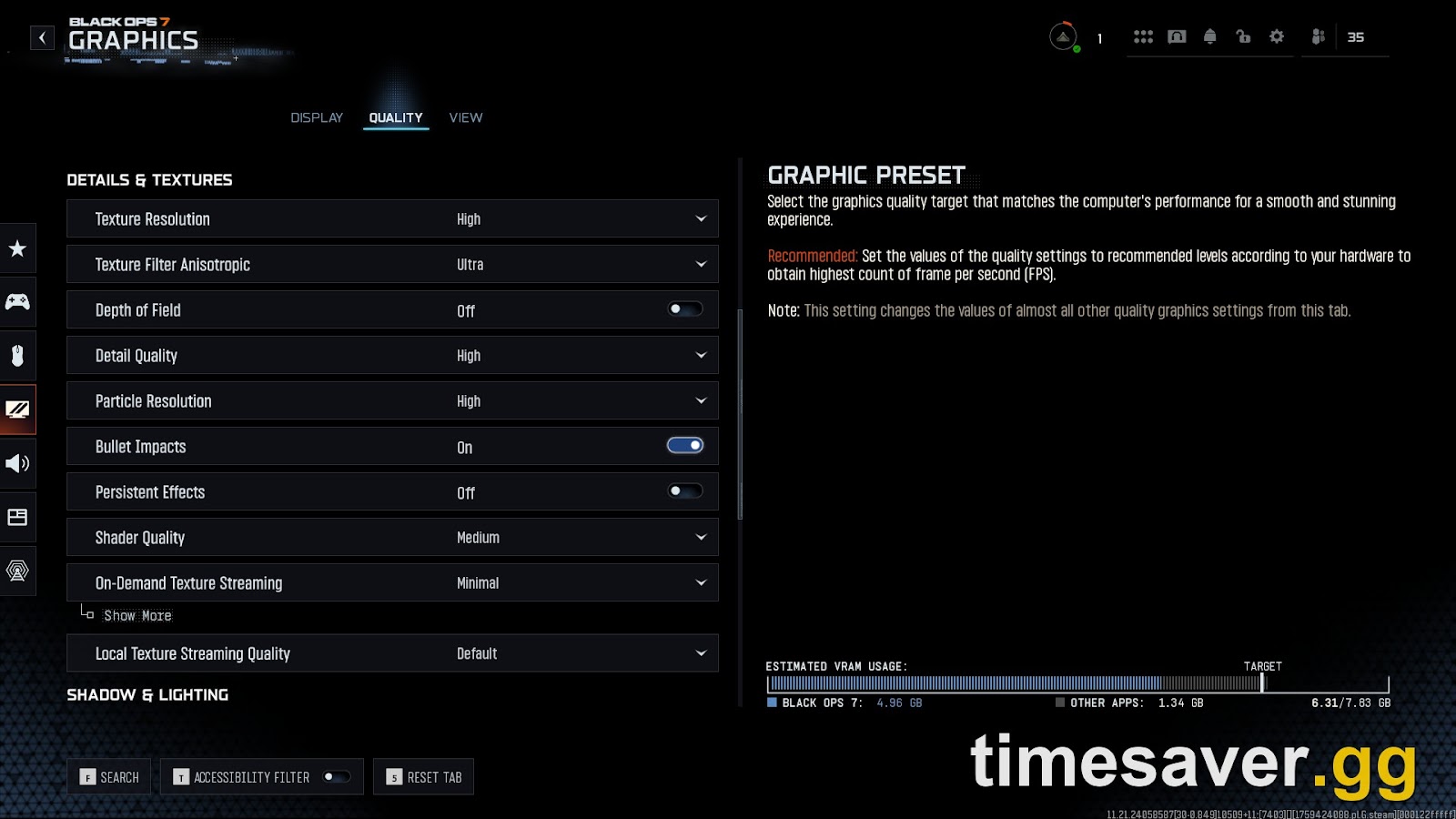 Black Ops 7 Graphics settings menu showing Texture Resolution, On-Demand Texture Streaming, Shader Quality and the Estimated VRAM usage bar