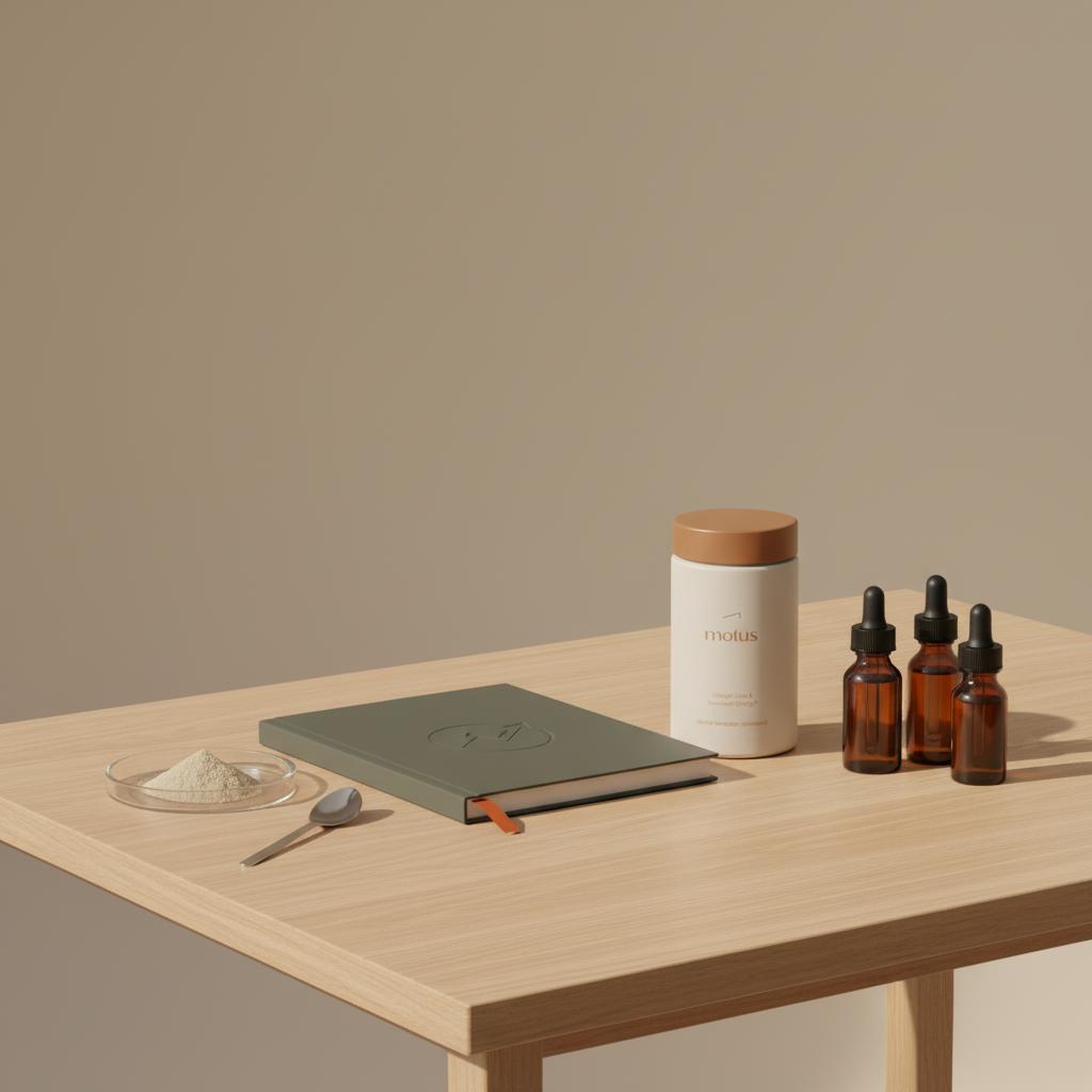 Tonum supplement jar with herbal extract bottles, petri dish and research booklet on a wooden table, minimalist laboratory-style scene focused on best herb for serotonin