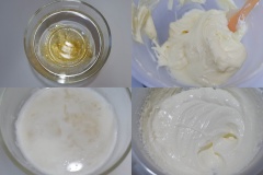 Cho gelatine vào nước lạnh ngâm mềm. Cho vào 1 bát 60gr kem phô mai, bát khác cho 80gr kem phô mai. Làm mềm phô mai và trộn đều để kem phô mai được mịn. Sau đó ta tiến hành làm phần mousse kem phô mai trước. Đun nóng 25gr sữa sau đó cho 1 nửa lượng gelatine đã ngâm mềm vào trộn đều cho tan. Cho 100gr kem whipping và 30gr đường vào một tô khác trộn bằng máy đánh trứng.