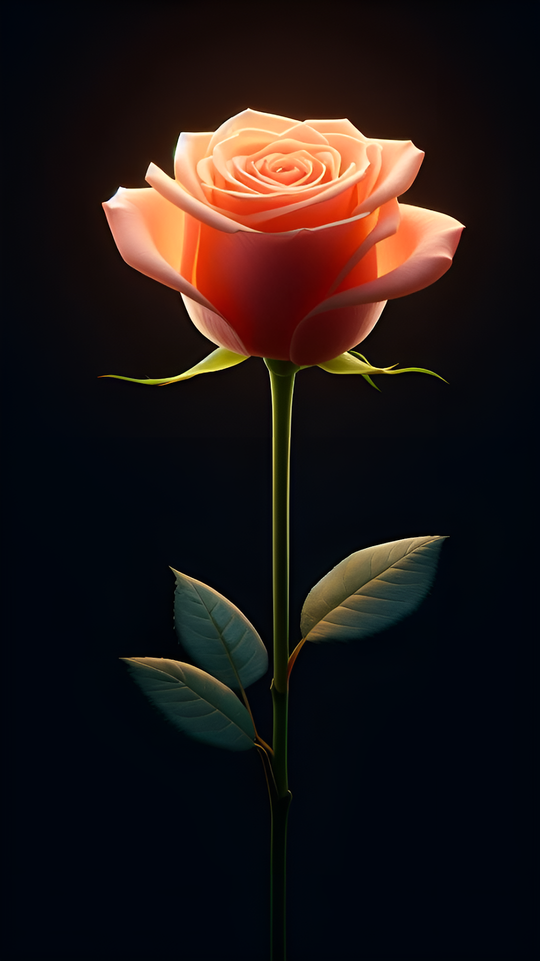 Glowing Peach Rose with Long Stem Against Dark Background - Free 4K mobile Wallpaper