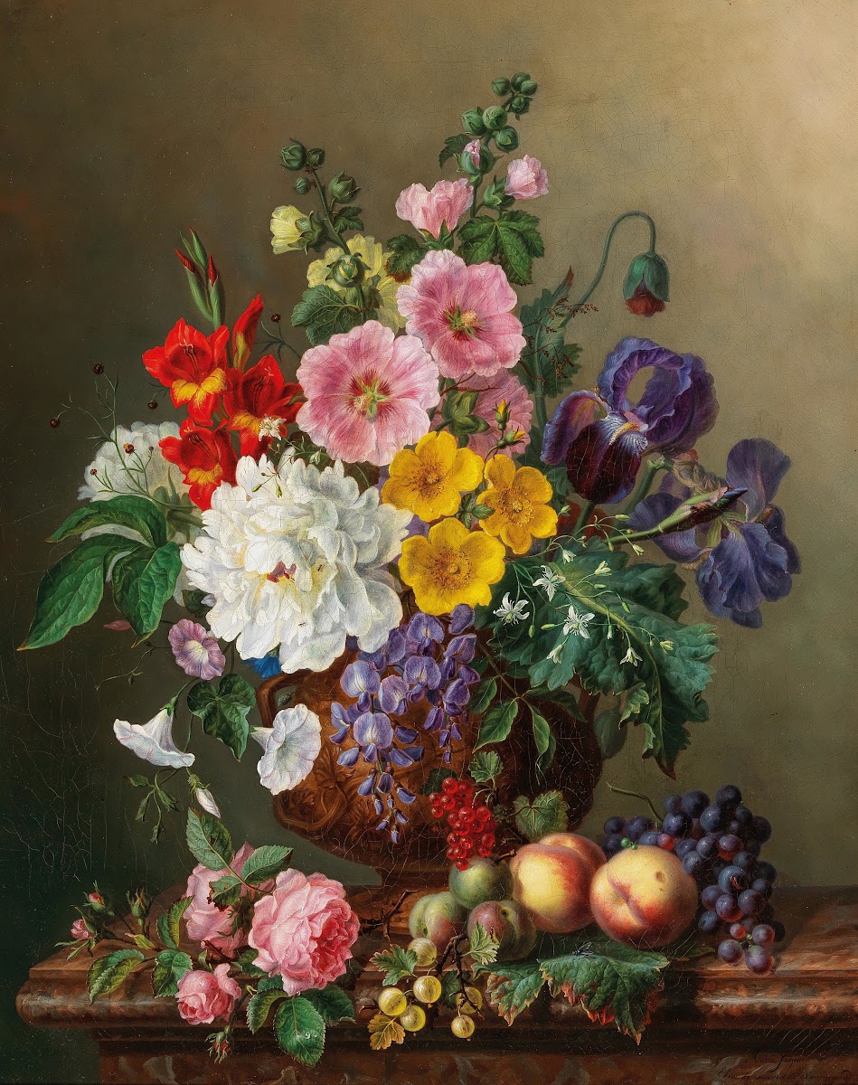 A Large Bouquet of Flowers with Peaches and Grapes