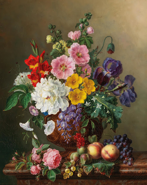 A Large Bouquet of Flowers with Peaches and Grapes