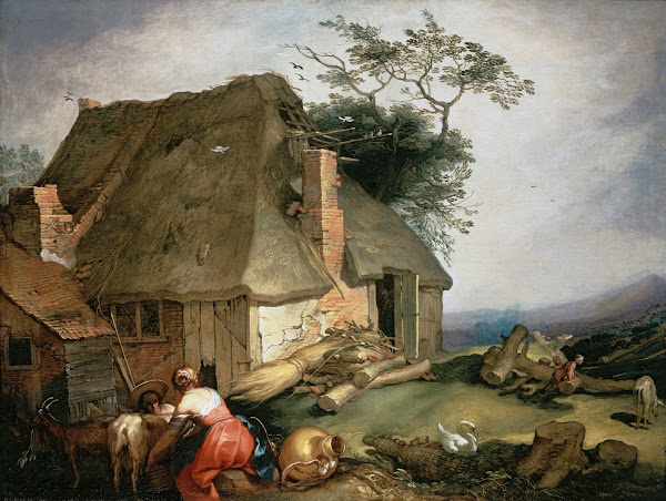 A cottage with peasants milking goats circa 1620